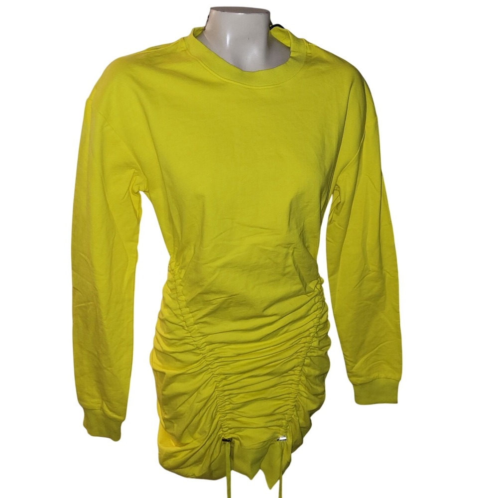 GREY LAB Neon Yellow Ruched Drawstring Sweatshirt Mini Dress Long Sleeve Crewnec